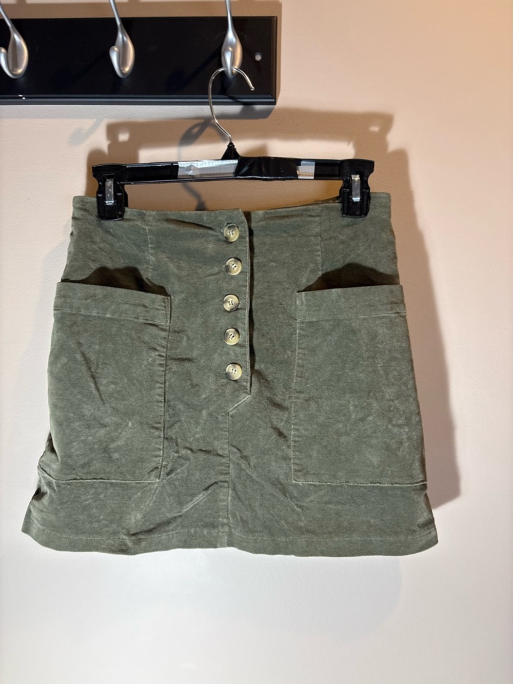 Olive Green Button-Front Corduroy Mini Skirt
